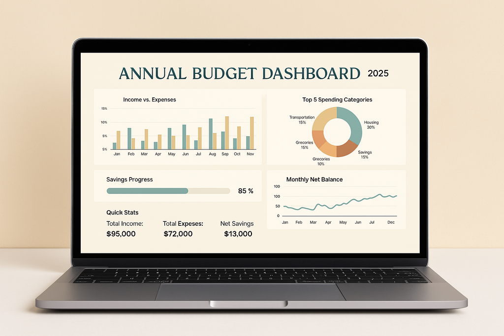 Annual Budget Dashboard Spreadsheet | Income, Expense & Goal Tracker Template (Excel + Google Sheets)