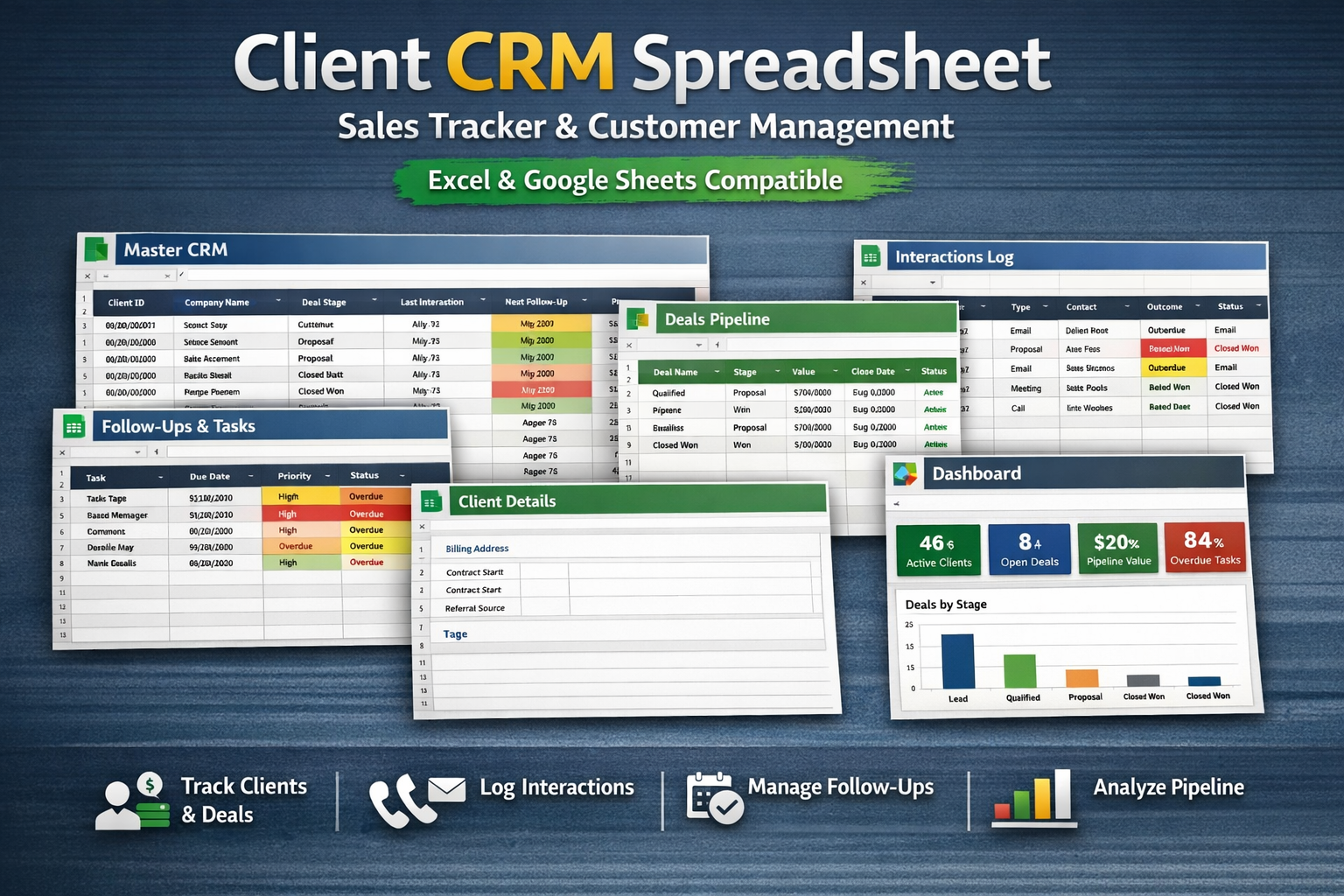 Client CRM Spreadsheet | Sales Tracker | Customer Management System | Excel & Google Sheets
