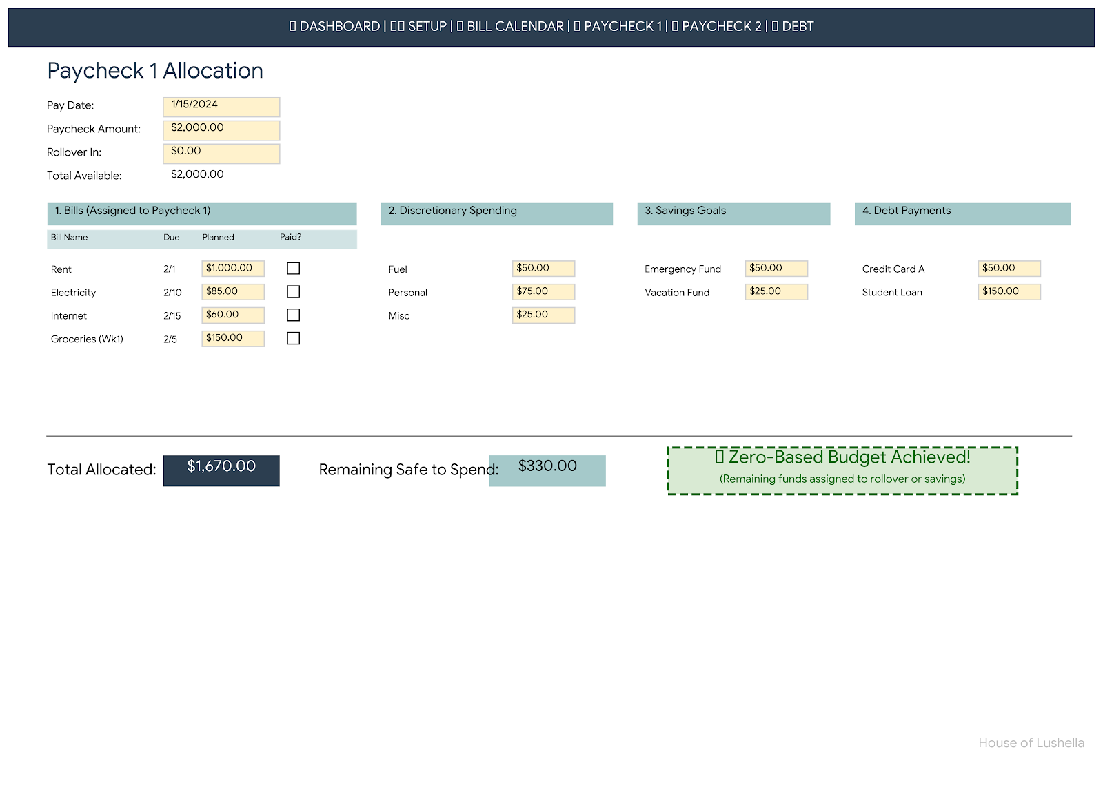 The Ultimate Paycheck Allocator | Zero-Based Biweekly Budget Template for Google Sheets | Automated Bill Calendar, Debt Tracker & Sinking Funds | Financial Planner