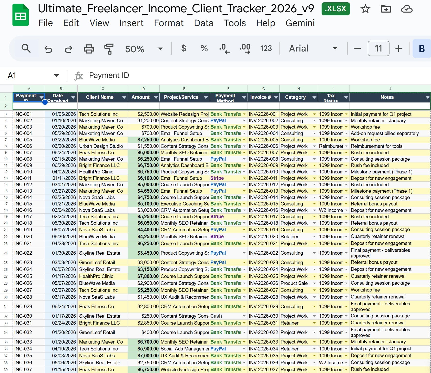 Freelancer Income Tracker 2026 | Invoice Generator & Client Database