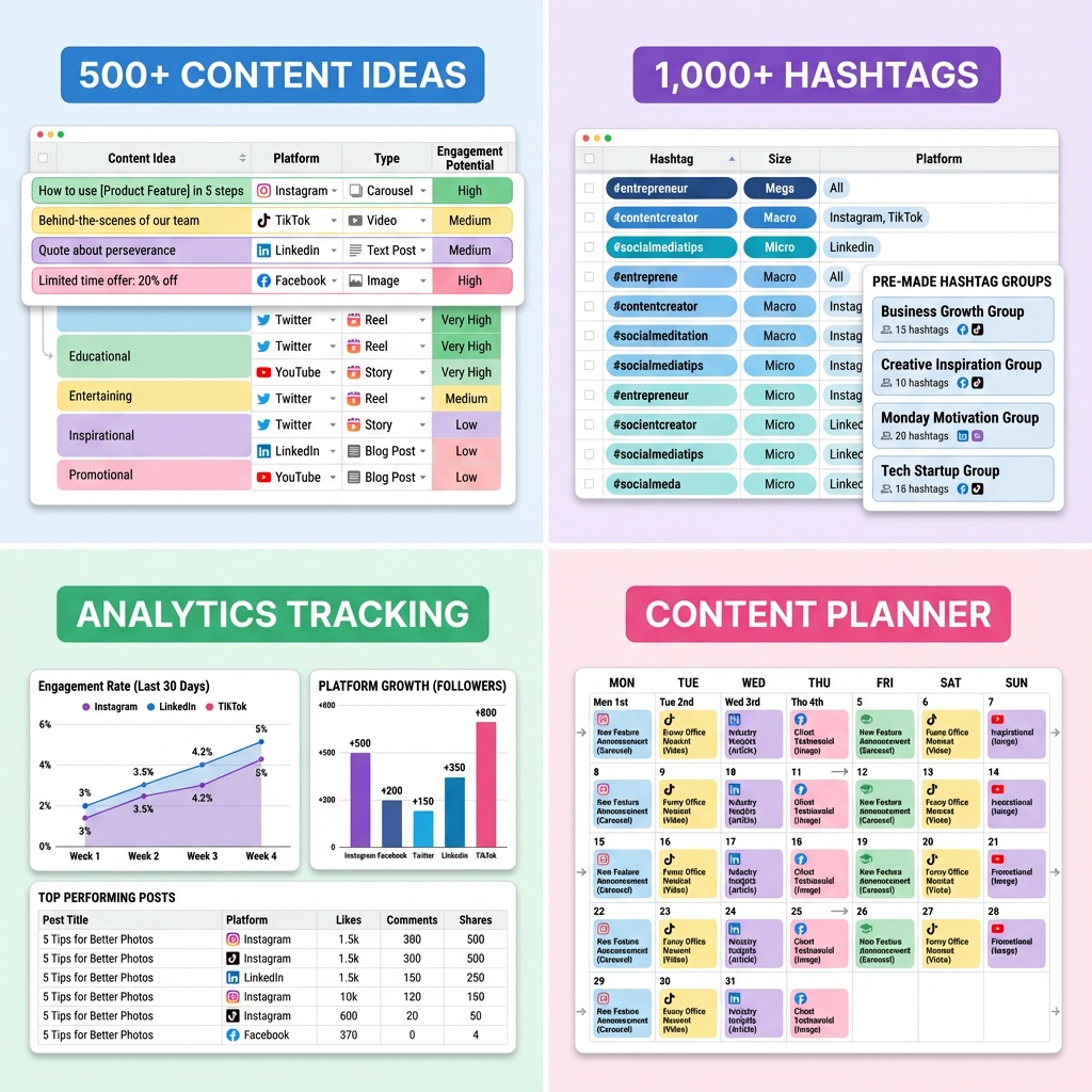 Social Media Content Calendar 2026, Instagram Planner, TikTok Scheduler, Content Creator Template, Google Sheets