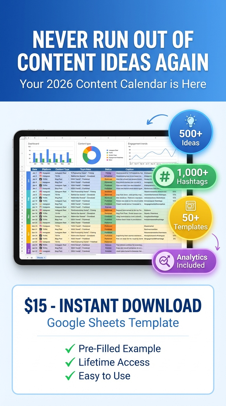Social Media Content Calendar 2026, Instagram Planner, TikTok Scheduler, Content Creator Template, Google Sheets
