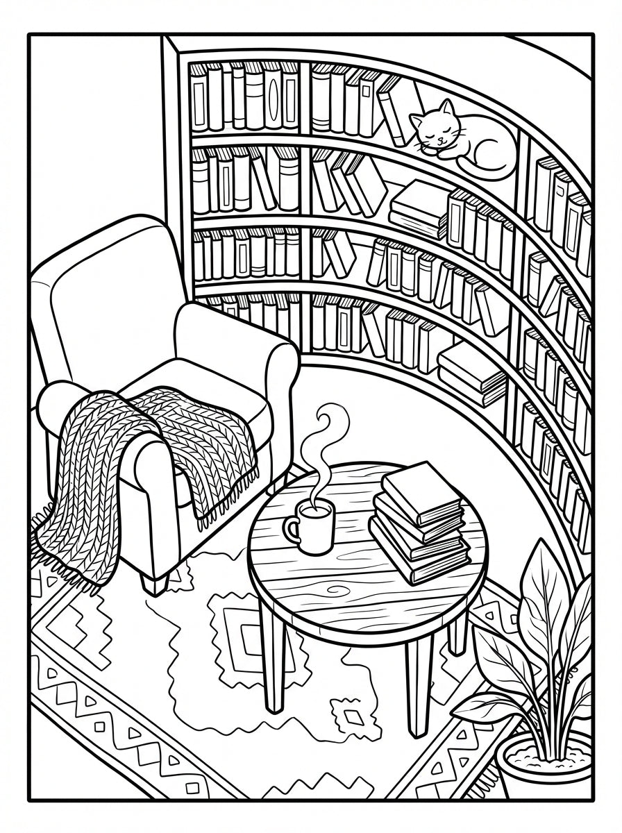 Cozy Library Nook & Hygge Interiors Coloring Book: Relaxing Indoor Scenes for Adults