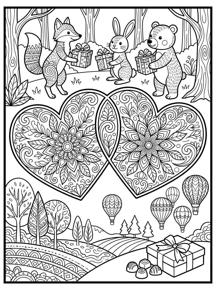 Forest Animals & Heart Mandalas Adult Coloring Book