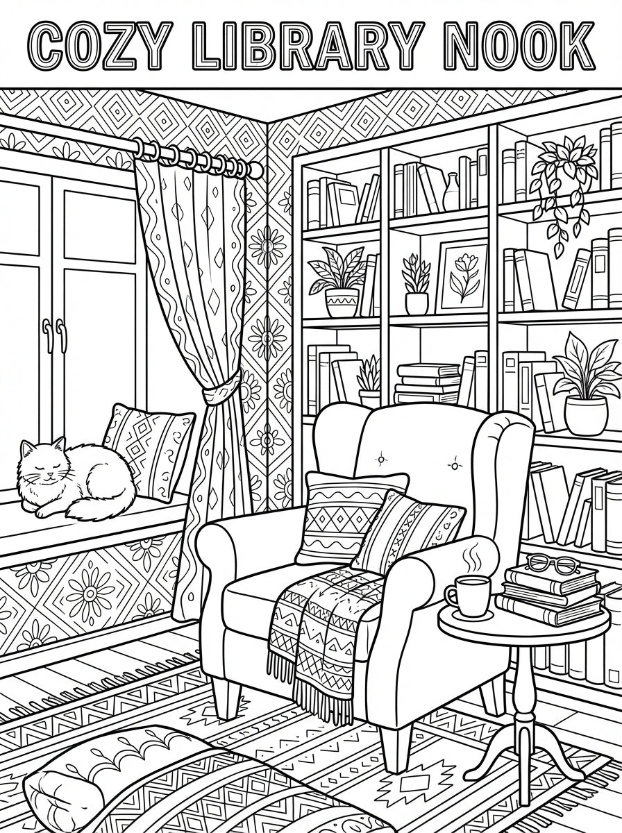 Cozy Library Nook & Hygge Interiors Coloring Book: Relaxing Indoor Scenes for Adults