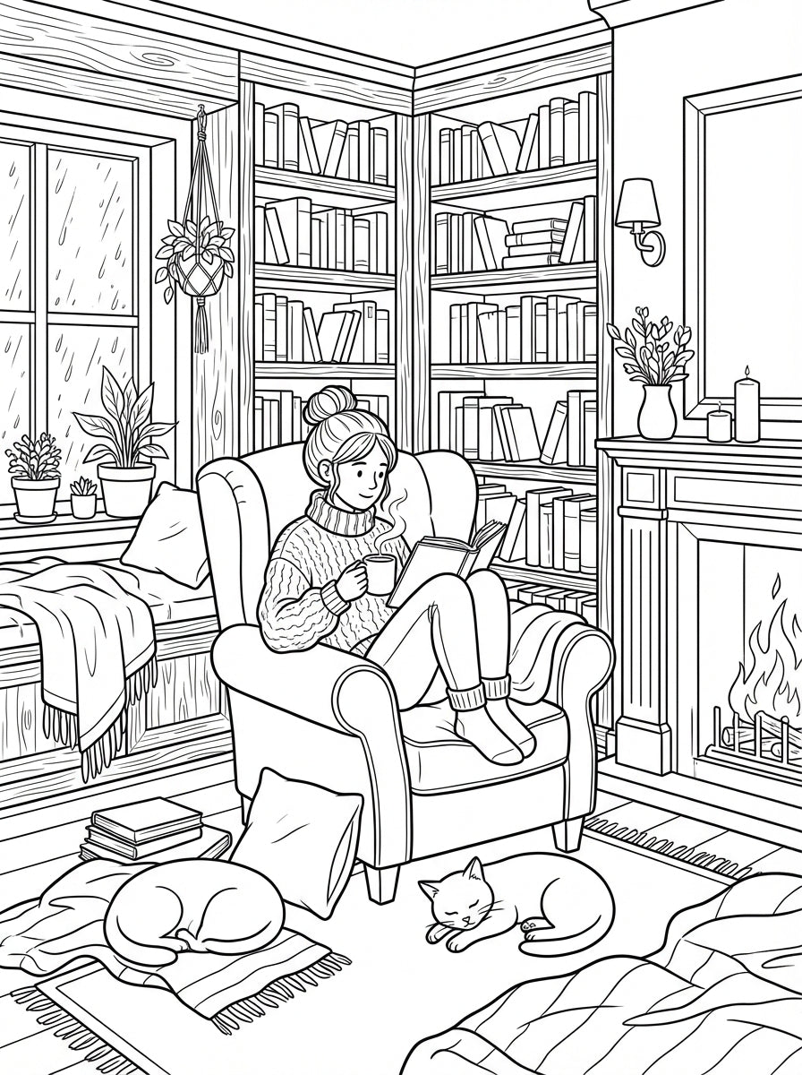Cozy Library Nook & Hygge Interiors Coloring Book: Relaxing Indoor Scenes for Adults
