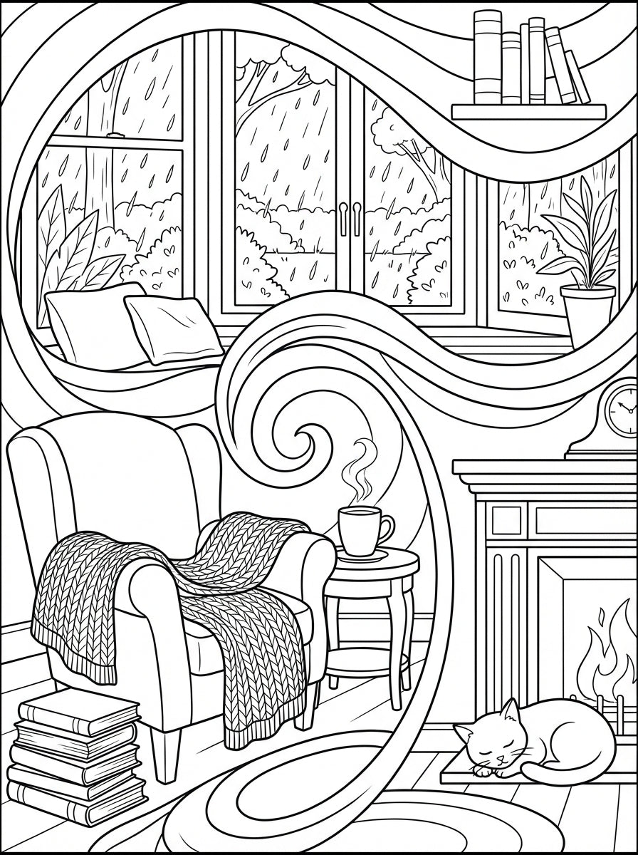 Cozy Library Nook & Hygge Interiors Coloring Book: Relaxing Indoor Scenes for Adults