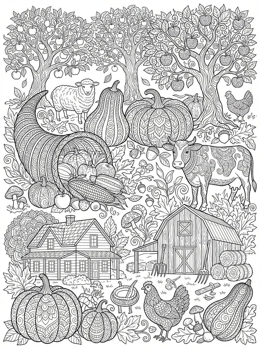 Autumn Harvest Coloring Book - Detailed Fall Farm Life & Foliage Digital PDF
