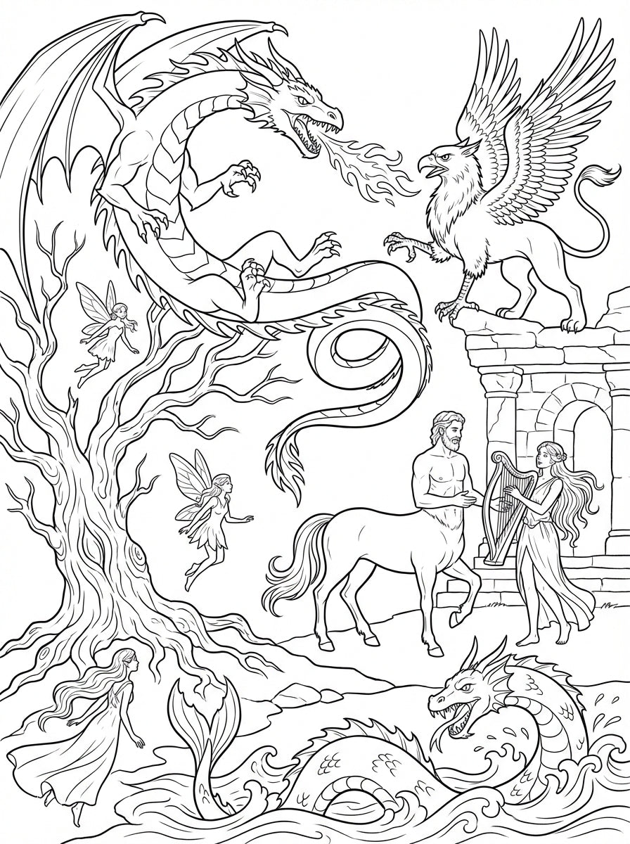 Mythical Creatures Adult Coloring Book Printable PDF Fantasy Art Download
