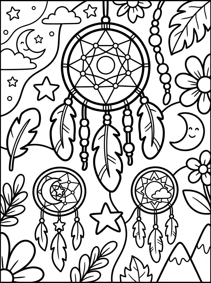 Intricate Dreamcatcher Coloring Book: Detailed Feather Designs & Celestial Art - Digital PDF