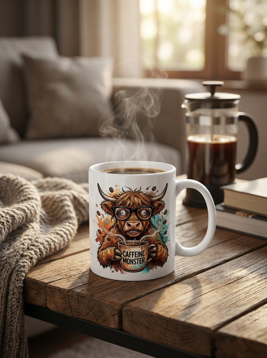 Messy Hair Highland Cow Coffee Addict PNG Sublimation | Funny Coo Digital Download DTG Clipart for T-Shirts Mugs Tumblers