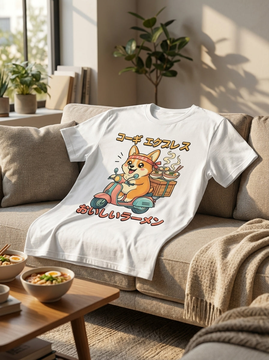 Kawaii Corgi Ramen Delivery PNG - Japanese Retro Anime T-Shirt Design