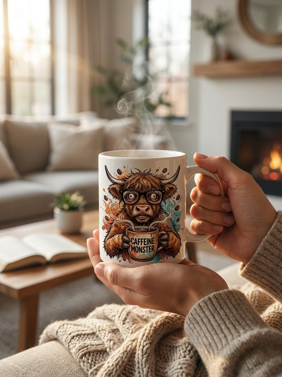 Messy Hair Highland Cow Coffee Addict PNG Sublimation | Funny Coo Digital Download DTG Clipart for T-Shirts Mugs Tumblers