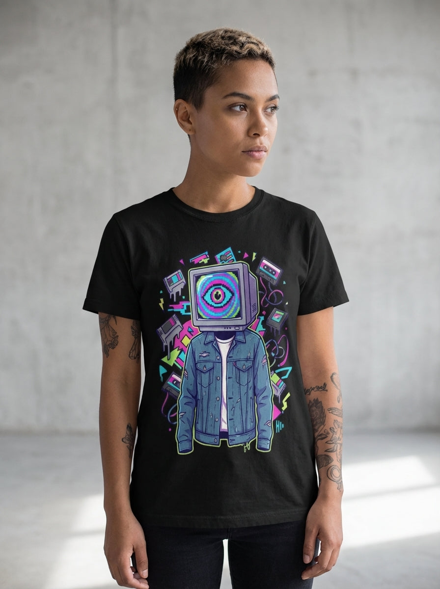 90s Cyberpunk CRT Monitor Head PNG Sublimation Design • Retro Pixel Art Eye DTG Digital Download Clipart for Streetwear & POD T-Shirts Mugs