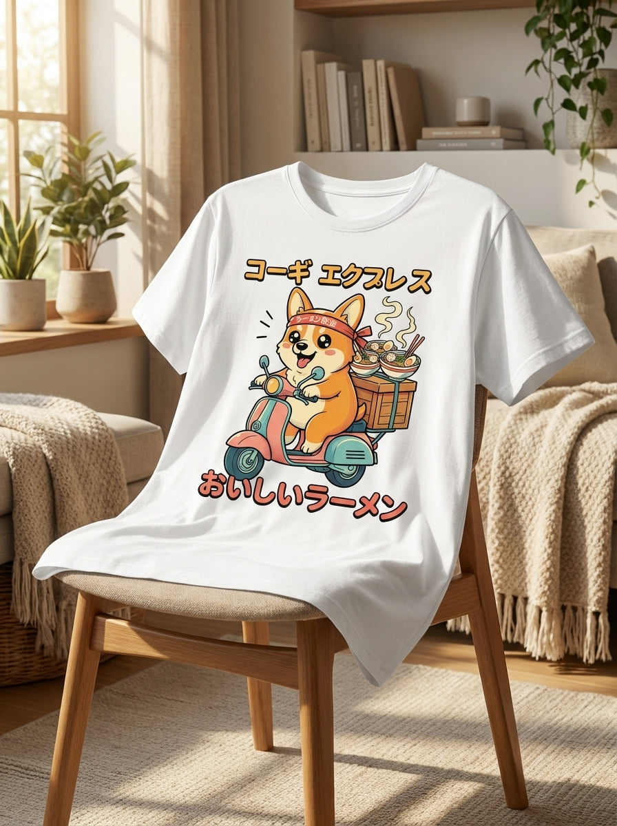 Kawaii Corgi Ramen Delivery PNG - Japanese Retro Anime T-Shirt Design